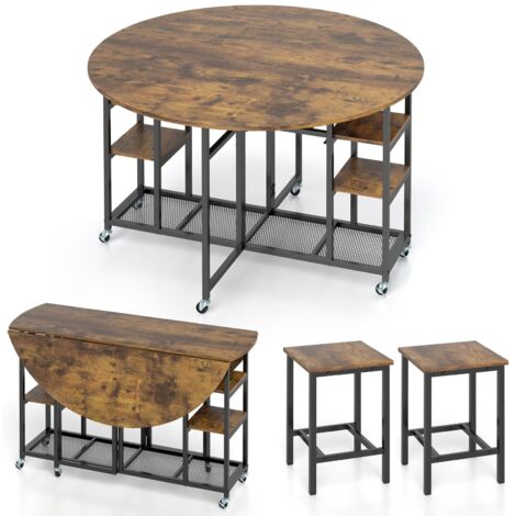 COSTWAY Set da Pranzo Pieghevole a 3 Pezzi, Tavolo da Cucina Rotondo con Ampio Piano e 2 Sgabelli, Scaffali e 6 Ruote Universali, Tavolo da Pranzo per Soggiorno, Sala da Pranzo e Cucina
