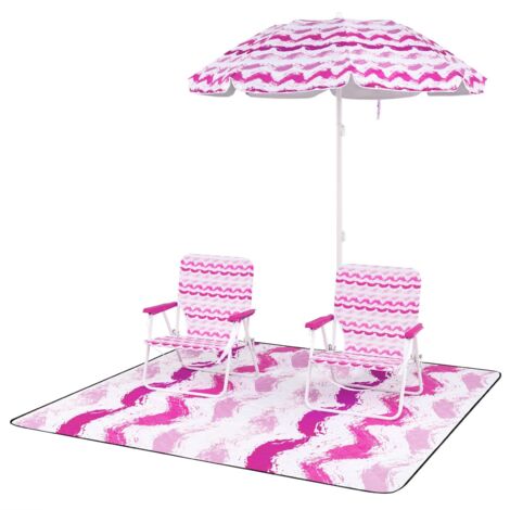COSTWAY Set da Spiaggia di 4 Pezzi con Ombrellone, 2 Sedie Pieghevoli, Coperta da Picnic, Parasole Portatile per Esterni con Meccanismo di Inclinazione, Portabicchieri, Braccioli (Rosa)