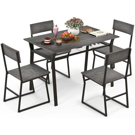 COSTWAY Set da Tavolo e Sedie da Pranzo, Tavolo da Pranzo con 4 Sedie Industriale, Set 5 Pezzi Mobili con Mensola Portaoggetti e Telaio in Metallo, per Cucina Sala da Pranzo, 110 x 70 cm (Grigio)
