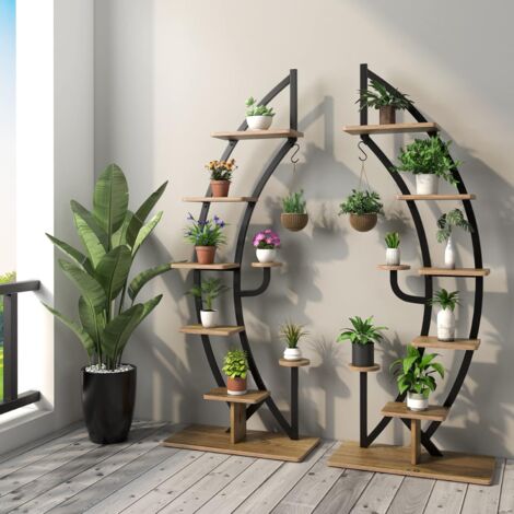 COSTWAY Set de 2 Estantería Metálica para Plantas de 7 Niveles, Soporte Curvado en Forma de Media Luna con Gancho Superior, Dispositivo Antivuelco, Estantería Metálica Moderna para Flores para Balcón