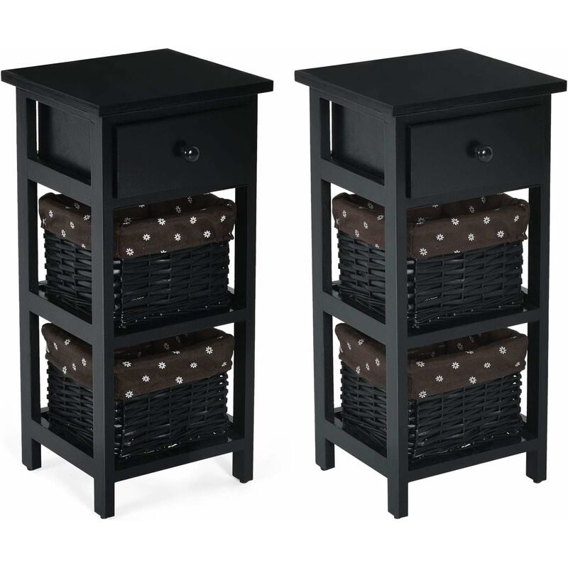 

Set de 2 Mesitas de Noche con Cajón y 2 Cestas de Almacenamiento Cajonera Mesa Auxiliar (Negro) - Costway