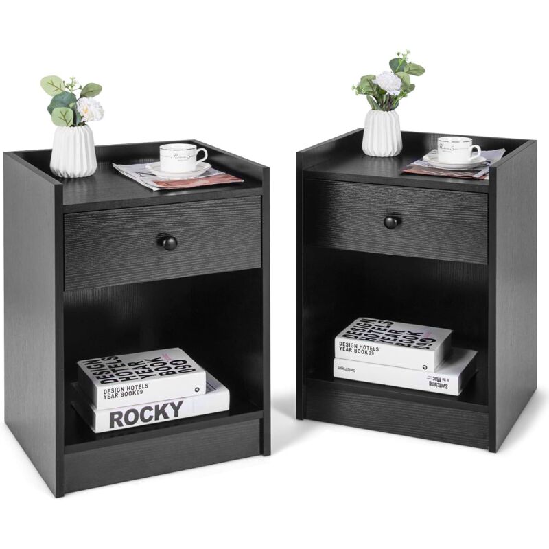 

Set de 2 Mesitas de Noche, Mesitas Auxiliares con Cajón y Compartimiento Abierto, Archivo de Madera, 43 x 40 x 60 cm (Negro) - Costway