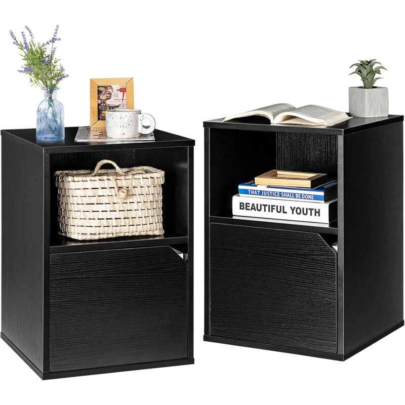 

Set de 2 Mesitas de Noche Modernas con Repisas, Mesita Auxiliar con Armario con Puerta (Negro) - Costway