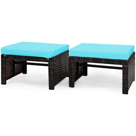 COSTWAY Set de 2 Otomanas en Ratán PE Reposapiés 2 en 1 de Exterior Resistentes a la Intemperie con Cojín Blando, 49 x 40 x 33 cm (Turquesa)
