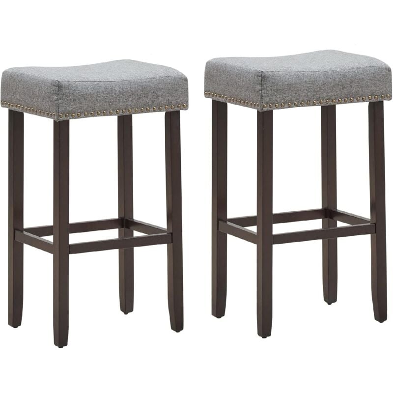 

COSTWAY Set de 2 Taburetes de Bar, Taburete Alto 74 cm sin Respaldo con Tachas de Latón, Patas de Sólida Madera de Goma (Gris)