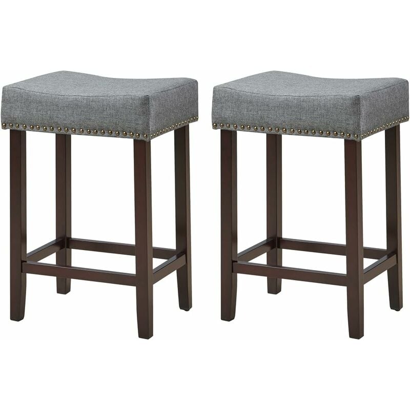 

Set de 2 Taburetes del Bar de 61 cm Taburete Alto con Tachas de Latón, Cojín en Esponja y Patas de Sólida Madera de Goma (Gris) - Costway
