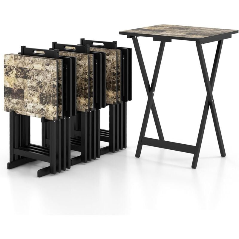 Set de 4 Tables de Jardin Pliantes en Bois, Table Basse Extérieur Charge 30KG avec Plateau Imitation Marbre, pour Jardin Balcon Salon, 48 x 40 x 67