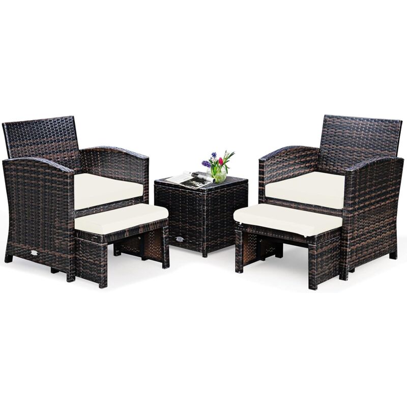 

Set de 5 Muebles de Ratán Set Conversación con Silla, Otomana y Mesa Baja en Vidrio Templado (Cojin Blanco) - Costway