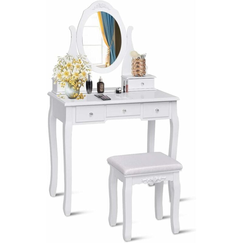 

Set de Tocador y Taburete, Mesa y Silla Maquillaje, con Superficie Removible, Espejo Giratorio a 360° (Blanco) - Costway