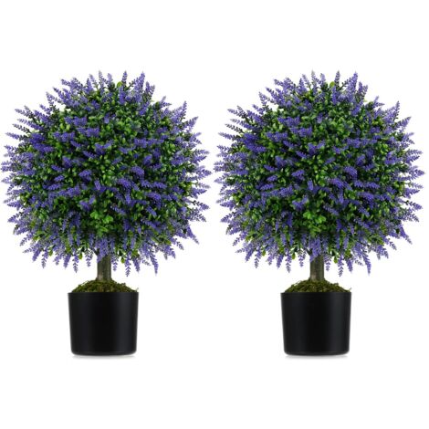 COSTWAY Set di 2 Alberi di Topiario Artificiale con Lavanda, Albero di Bosso Finto da 58 cm con Vaso Riempito di Cemento, Pianta Finta Resistente al Sole per Interni ed Esterni