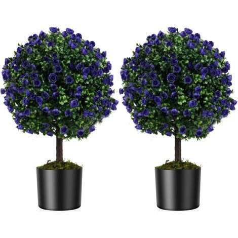 COSTWAY Set di 2 Alberi di Topiario Artificiale con Rose Viola, Albero di Bosso Finto da 55 cm con Vaso Riempito di Cemento, Pianta Finta Resistente al Sole per Interni ed Esterni
