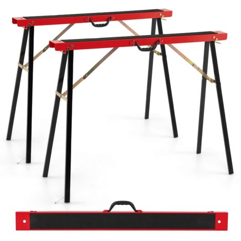 COSTWAY Set di 2 Cavalletti da Lavoro Pieghevoli, Cavalletto per Segare la Legna con Superficie Antiscivolo, Rinforzo a Cerniera e Maniglia, Carico Fino a 375 kg