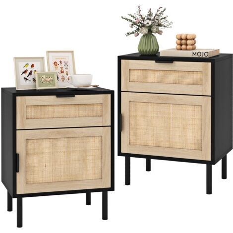 COSTWAY Set di 2 Comodini con Cassetto e Anta, Tavolini in Rattan Stile Bohémien Salvaspazio, Mobiletto Armadietto per Camera da Letto, Soggiorno e Ingresso, 45 x 30 x 59 cm (Nero)