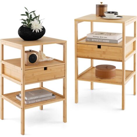 COSTWAY Set di 2 Comodino Tavolino con Cassetto e 3 Ripiani, Comodino Camera da Letto in Bambù, Comodino Salvaspazio Classico, per Soggiorno, Ufficio e Bagno, 40 x 40 x 68 cm (2)