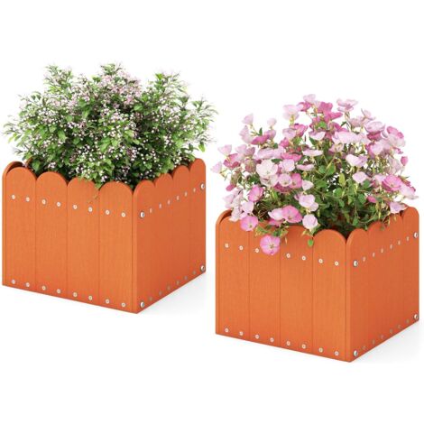 COSTWAY Set di 2 Fioriere Quadrate, Aiuola Rialzata in HDPE Resistente alle Intemperie con Aperture di Drenaggio, Letto Rialzato per Verdure, Fiori e Frutta per Giardino e Balcone (Arancione)