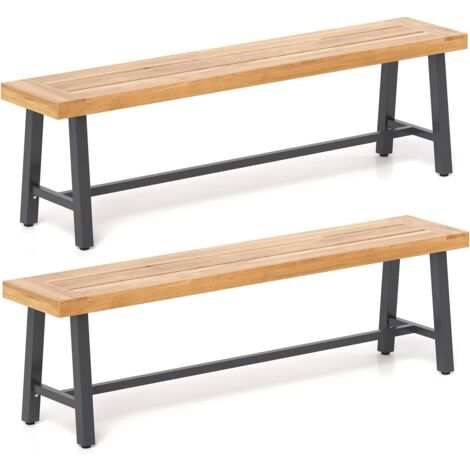 COSTWAY Set di 2 Panchine da Giardino in Legno di Acacia a 3 Posti, Panca da Esterno Senza Schienale con Gambe in Metallo, Panca Capacità di 360 kg per Ingresso, Cortile e Balcone, 160 x 32 x 45 cm