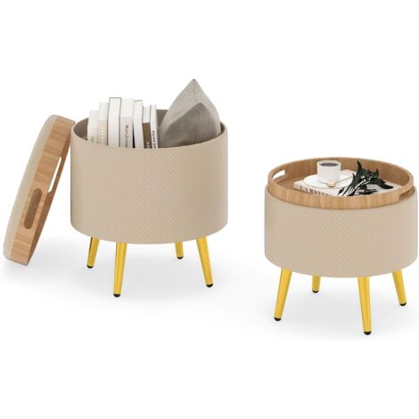COSTWAY Set di 2 Pouf Contenitori Rotondi 23L + 6L, Ottomano con Vano Portaoggetti e Coperchio Rimovibile, Sgabelli da Trucco Imbottito con Gambe in Metallo, per Ingresso e Salotto