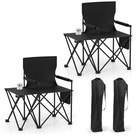 COSTWAY Set di 2 Sedia da Campeggio con Tavolino Laterale, Sedia da Picnic Pieghevole con 2 Tasche, Portabicchieri, Braccioli Imbottiti, Borsa da Trasporto, Portata 150 kg (Nero)