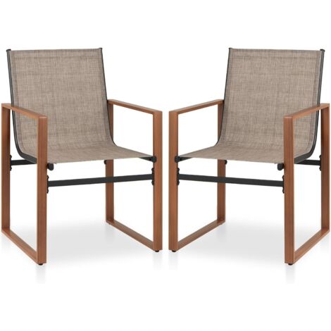 COSTWAY Set di 2 Sedie da Pranzo da Esterno, Sedia da Patio con Seduta e Schienale Traspiranti, Braccioli Larghi, Telaio in Metallo, per Cortile, Veranda, Giardino, Portata 150 kg (Caffè)