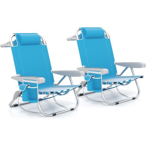 COSTWAY Set di 2 Sedie da Spiaggia, Sdraio Pieghevole a 5 Posizioni con Portabicchieri, Poltrona da Spiaggia con Cuscino per Testa e Zaino, Sedia da Campeggio Portatile, Portata 150 kg (Azzurro,2)