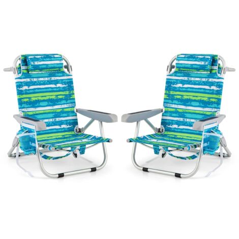 COSTWAY Set di 2 Sedie da Spiaggia, Sdraio Pieghevole a 5 Posizioni con Portabicchieri, Poltrona da Spiaggia con Cuscino per Testa e Zaino, Sedia da Campeggio Portatile, Portata 150 kg (Blu e Verde,2)