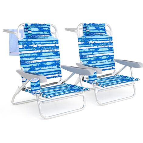 COSTWAY Set di 2 Sedie Pieghevole da Spiaggia, Lounge Sdraio con 5 Posizioni Regolabili, Poltrona da Mare con Cuscino, Porta Asciugamano, Braccioli & Portabicchieri, Portata 150 kg (Blu)