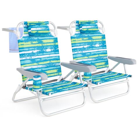 COSTWAY Set di 2 Sedie Pieghevole da Spiaggia, Lounge Sdraio con 5 Posizioni Regolabili, Poltrona da Mare con Cuscino, Porta Asciugamano, Braccioli & Portabicchieri, Portata 150 kg (Verde)