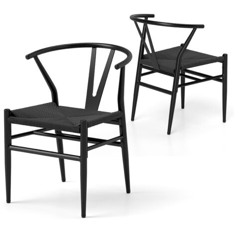 COSTWAY Set di 2 Sedie Sala da Pranzo, Sedie Moderna in Metallo con Seduta Intrecciato, Schienale a Forma di Y e Braccioli, Poltrone per Ufficio, Cucina e Ristorante, 46 x 59 x 73 cm (Nero)