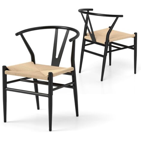 COSTWAY Set di 2 Sedie Sala da Pranzo, Sedie Moderna in Metallo con Seduta Intrecciato, Schienale a Forma di Y e Braccioli, Poltrone per Ufficio, Cucina e Ristorante, 46 x 59 x 73 cm (Nero e Naturale)