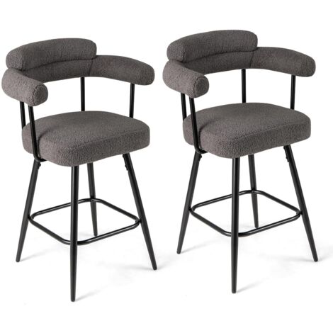 COSTWAY Set di 2 Sgabelli da Bar Girevoli, Sedie Imbottite in Boucle con Schienale, Braccioli Curvi, Gambe in Metallo e Poggiapiedi, Portata 150 kg, per Isola Cucina, Caffè e Pub (Grigio)