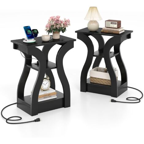 COSTWAY Set di 2 Tavolini da Salotto con 2 Prese AC, 1 Porta USB e 1 Porta Tipo C, Tavolini Laterali da Divano a 3 Ripiani, Tavoli Moderni in Legno per Soggiorno, Ufficio e Studio