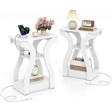 COSTWAY Set di 2 Tavolini da Salotto con 2 Prese AC,Porta USB e Porta Tipo C,3 Ripiani,Bianco