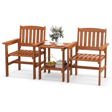 COSTWAY Set di 3 Pezzi da Giardino, Tavolino e 2 Sedie da Patio in Legno, con Foro per Ombrellone, Set di Mobili da Esterno a 3 Pezzi per Giardino, Tavolino Portato 35 kg, Sedia Portata 120 kg