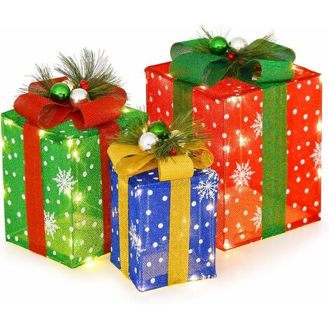 COSTWAY Set di 3 Pezzi Decorazioni Scatola Regalo di Natale, Set di Scatole Regalo Illuminate, Decorazione Natalizia per Interni ed Esterni con 52 Luci LED per Cortile, Prato e Portico
