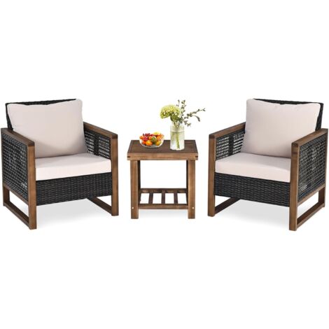 COSTWAY Set di 3 Pezzi di Mobili da Patio, 1 Tavolino in Legno di Acacia e 2 Sedie in Rattan PE, con Cuscini Lavabili, Set di Divani per Giardino Cortile Piscina Portico