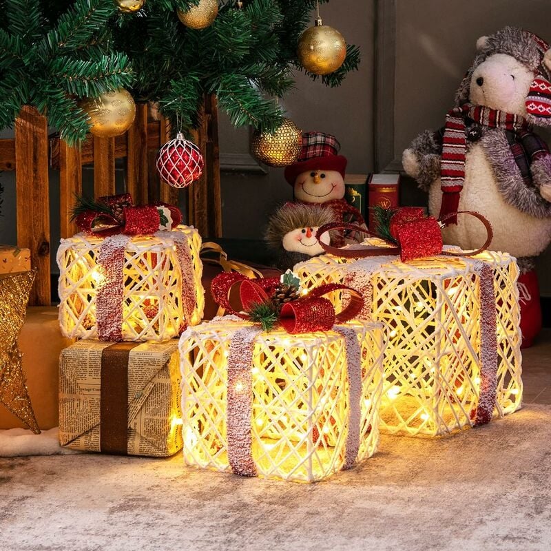 Costway - Set di 3 Scatole Regalo Illuminate di Natale, Scatole Regalo Decorativa a led con Fiocchi Rossi, 60 Luci Calde e Funzione Timer, per Casa,