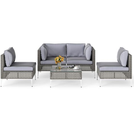 COSTWAY Set di Mobili da Esterno 5 Pezzi, Set da Conversazione in Rattan con Cuscini e Tavolino in Vetro Temperato, Tavolino e 4 Divani per Cortile, Bordo Piscina e Veranda (Modello 4,5 pezzi)