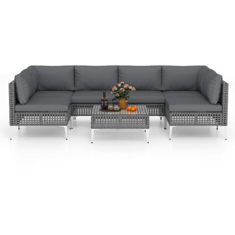 COSTWAY Set di Mobili da Giardino, Giardino Arredo Esterno con Tavolino in in Vetro Temperato, 6 Divani e Cuscini, Set da Conversazione in Rattan PE per Bordo Piscina e Cortile (Modello 2,7 pezzi)