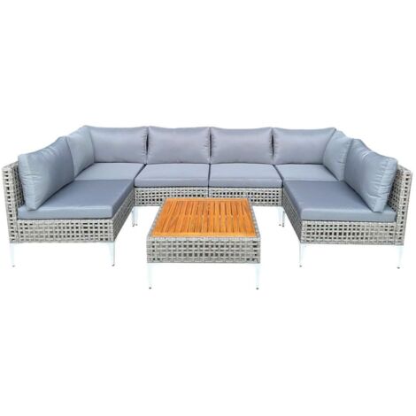 COSTWAY Set di Mobili da Giardino, Giardino Arredo Esterno con Tavolino in Legno di Acacia, 6 Divani e Cuscini, Set da Conversazione in Rattan PE per Bordo Piscina e Cortile (Modello 3,7 pezzi)