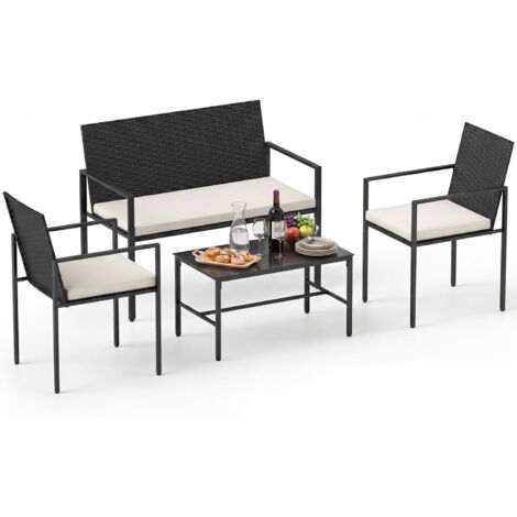 COSTWAY Set di Salotto da Giardino a 4 Pezzi，Tavolino da Caffè in Vetro Temperato,Beige