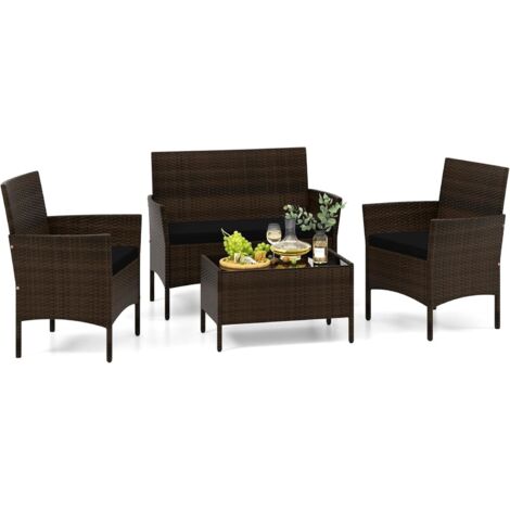 COSTWAY Set di Salotto da Giardino in Rattan 4 Pezzi,Tavolo in Vetro Temperato per Giardino，Nero