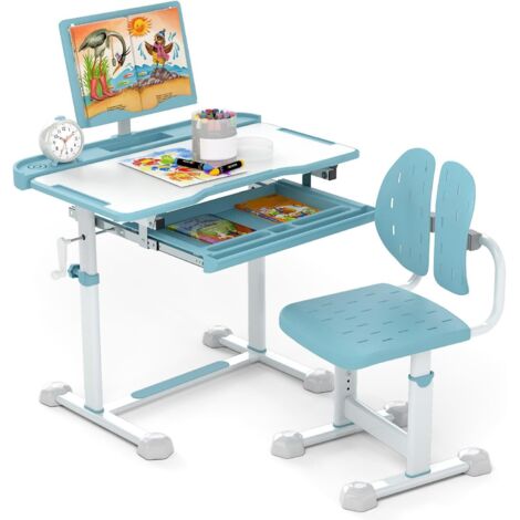 COSTWAY Set di Scrivania e Sedia per Bambini 3+ Anni, Scrivania Regolabile in Altezza con Piano Inclinabile, Supporto per Libri & Barra Poggiapiedi e Sedia Ergonomica, Ideale per Disegno (Blu)