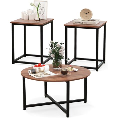 COSTWAY Set di Tavolini da Caffè 3 Pezzi, Tavolino Rotondo e 2 Tavolini Quadrati con Struttura Metallica Robusta, Set di Tavoli da Salotto Moderni 3 Pezzi (Noce)