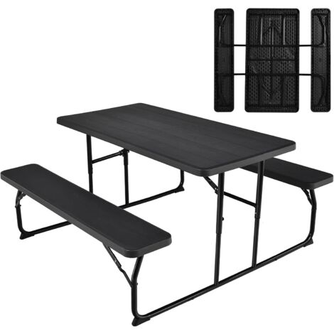 COSTWAY Set di Tavolo Campeggio Pieghevole, 136 x 151 x 73cm, Set di Tavolino e 2 Panca da Campeggio all’Aperto, da 4-6 Posti, per Patio Giardino Bordo Piscina (nero)