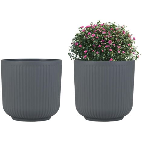 COSTWAY Set di Vasi Rotondi in Plastica, 2 Vasi per Fiori a Strisce con Sistema di Drenaggio Opzionale, Vasi Decorativi per Piante da Interni ed Esterni per Veranda, Giardino e Balcone
