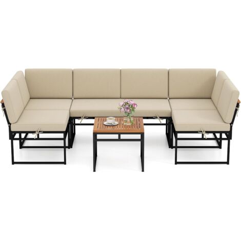 COSTWAY Set Divano da Esterno 6 Pezzi, Metallo e Legno Acacia con Cuscini, per Giardino，Piscina