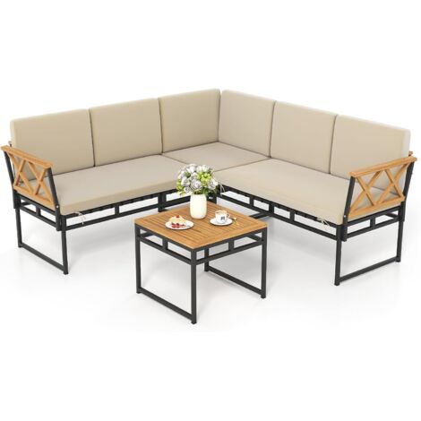 COSTWAY Set Divano da Esterno Angolare 4 Pezzi, Legno Acacia con Cuscini, per Giardino,Piscina