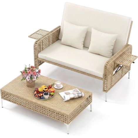 COSTWAY Set Divano Letto Patio 2 Pezzi, Rattan PE con Pouf Contenitore, Schienale Regolabile