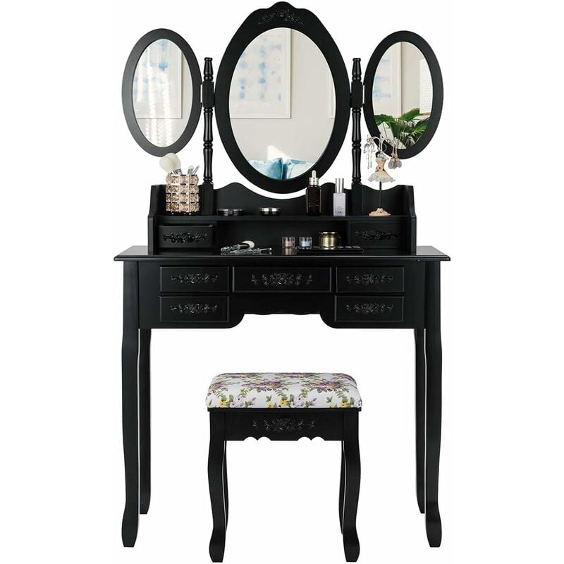 

COSTWAY Set Mesa Tocador con Espejo Plegable, Set Mesa Maquillaje y Taburete Acolchado con 7 Cajones y Repisa Abierta (Negro)