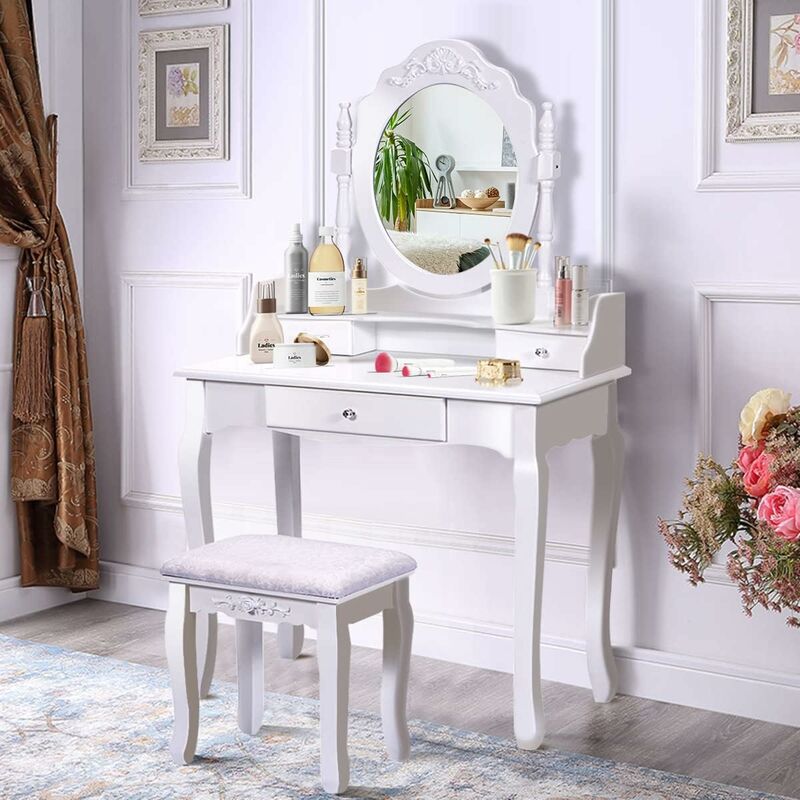 

Set Mesa Tocador con Taburete Acolchado, Mesa de Maquillaje con Espejo Ovalado Giratorio a 360° y 3 Cajones - Costway
